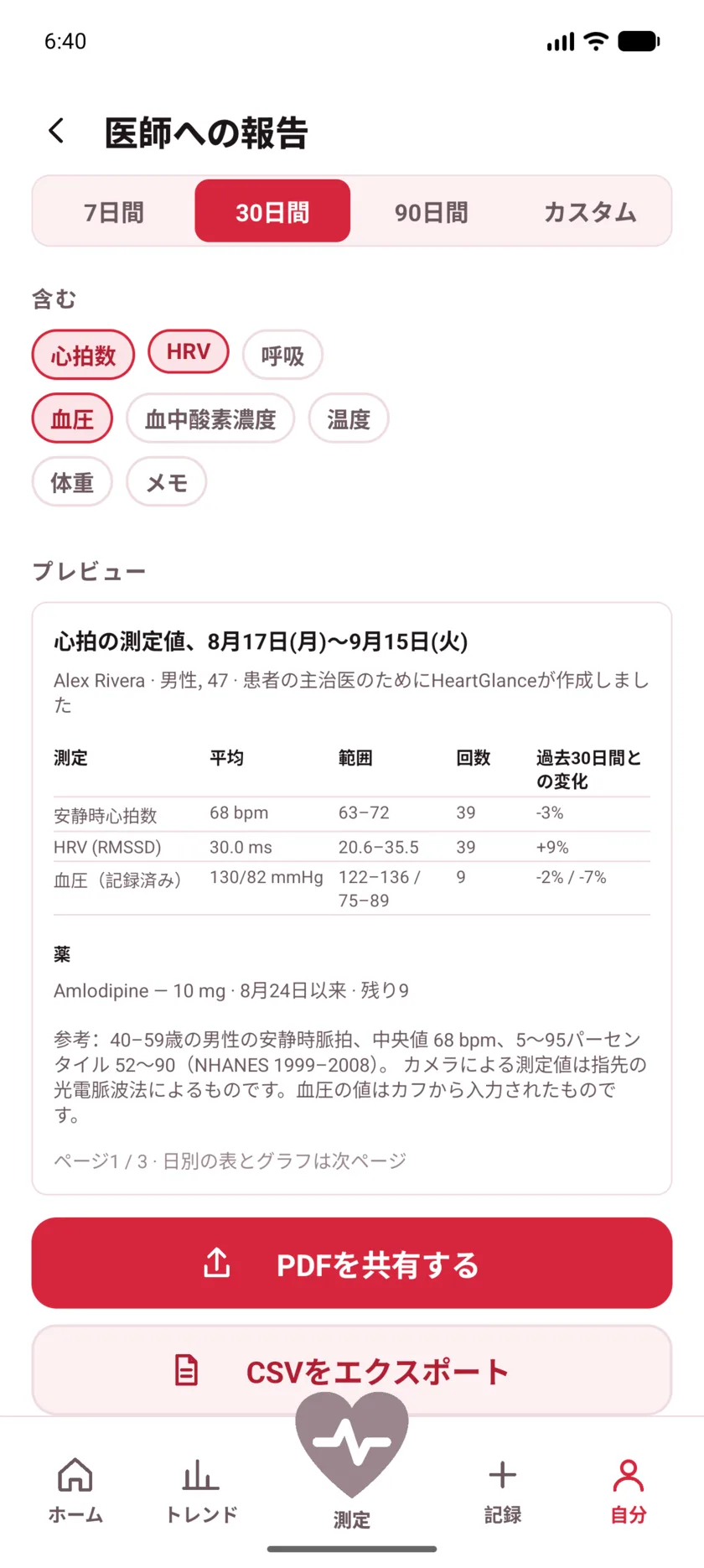 The doctor's report in HeartGlance, showing resting heart rate, variability and blood pressure with averages, ranges and change.