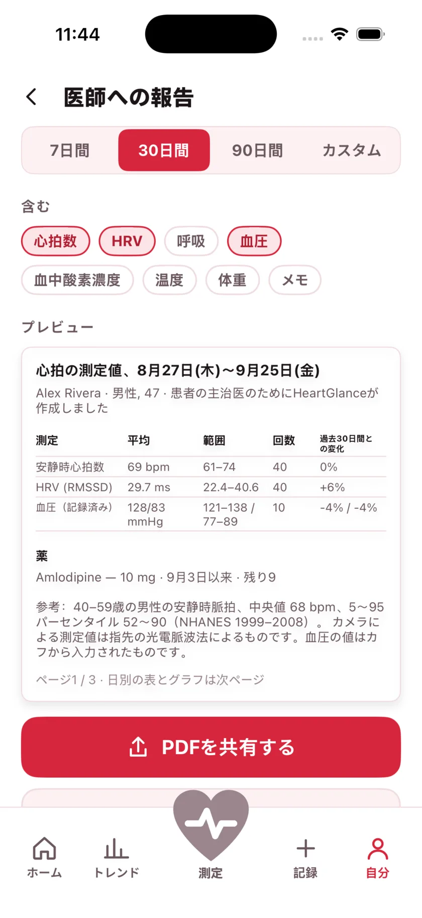 The report for your doctor: a printable page of averages, ranges and daily readings.