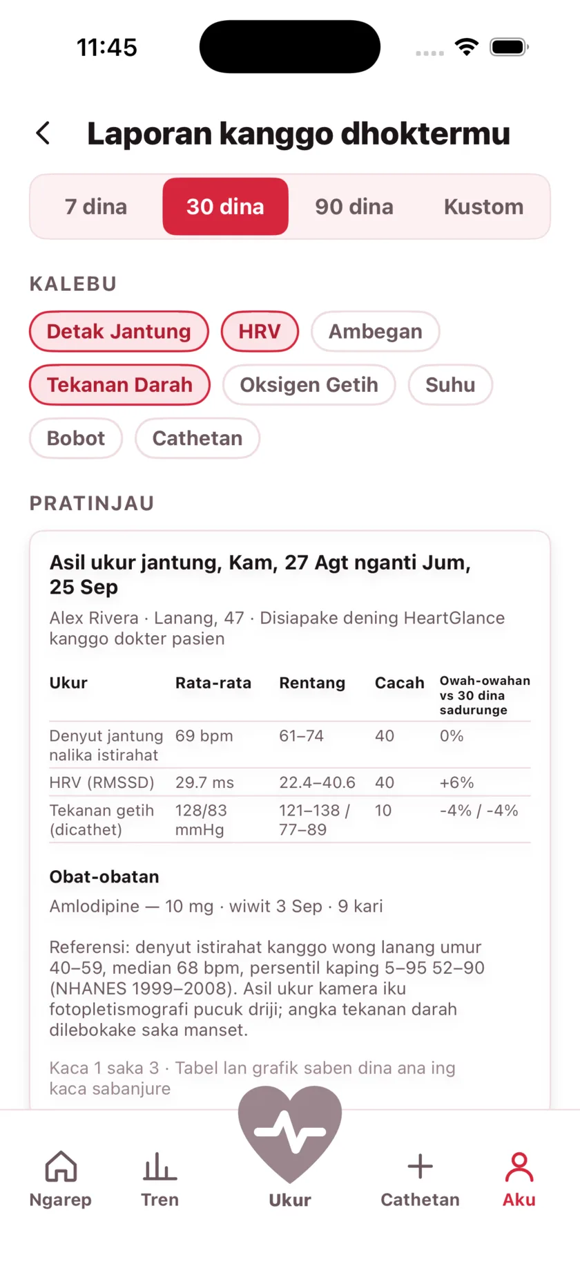 The report for your doctor: a printable page of averages, ranges and daily readings.