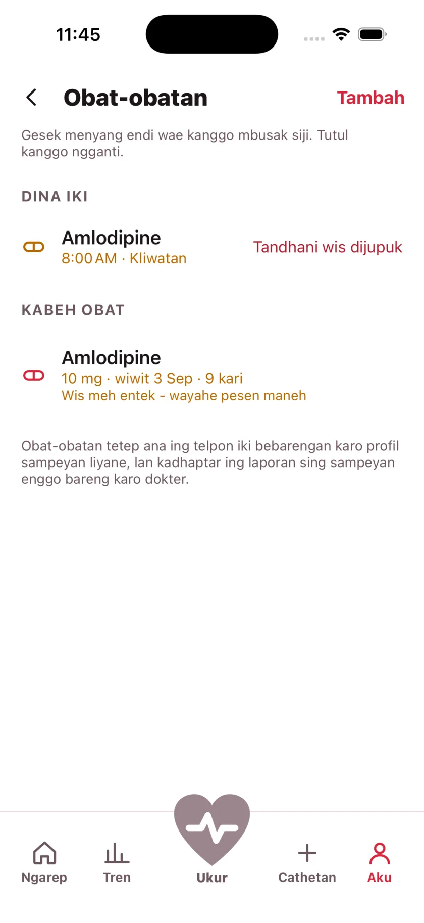 The medications screen showing today's dose due and a warning that the packet is running low.