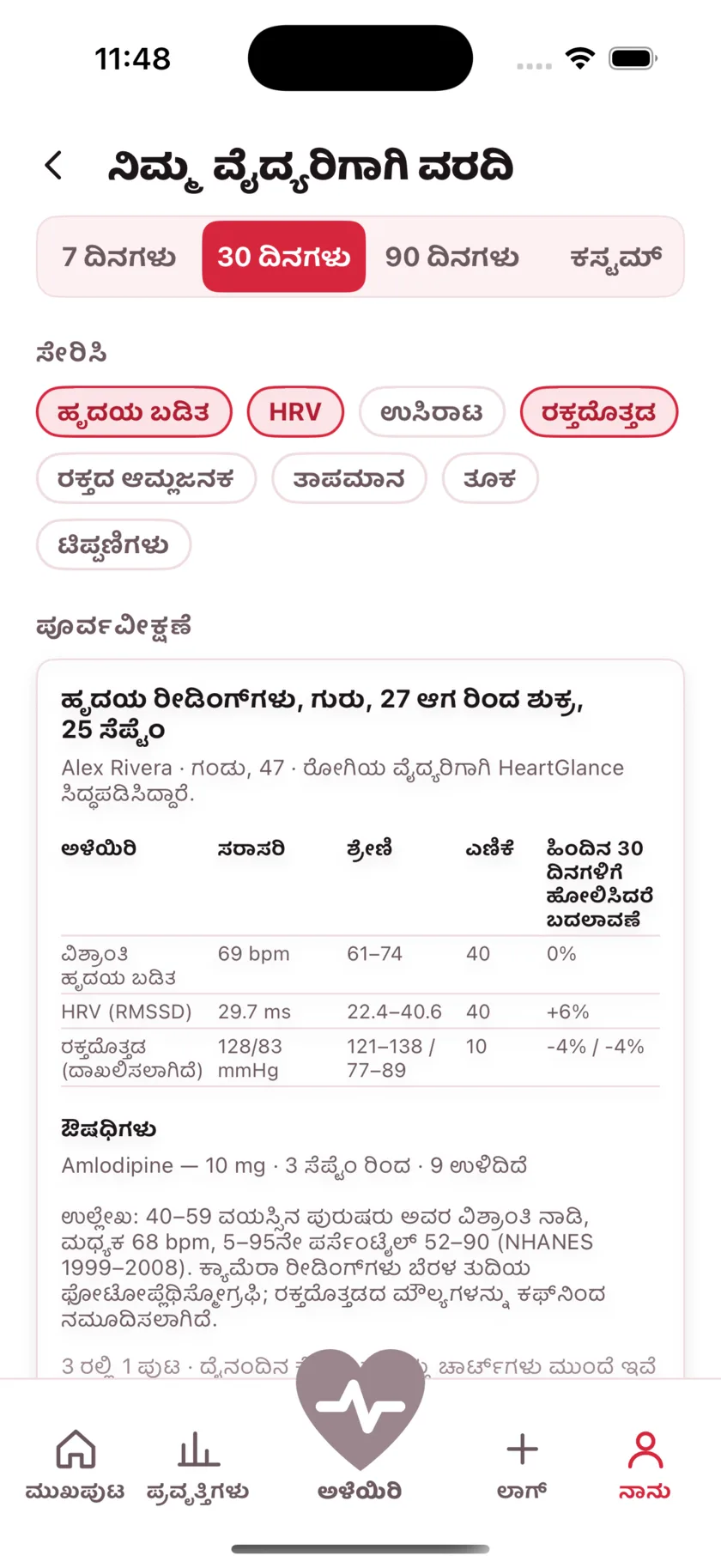 The report for your doctor: a printable page of averages, ranges and daily readings.