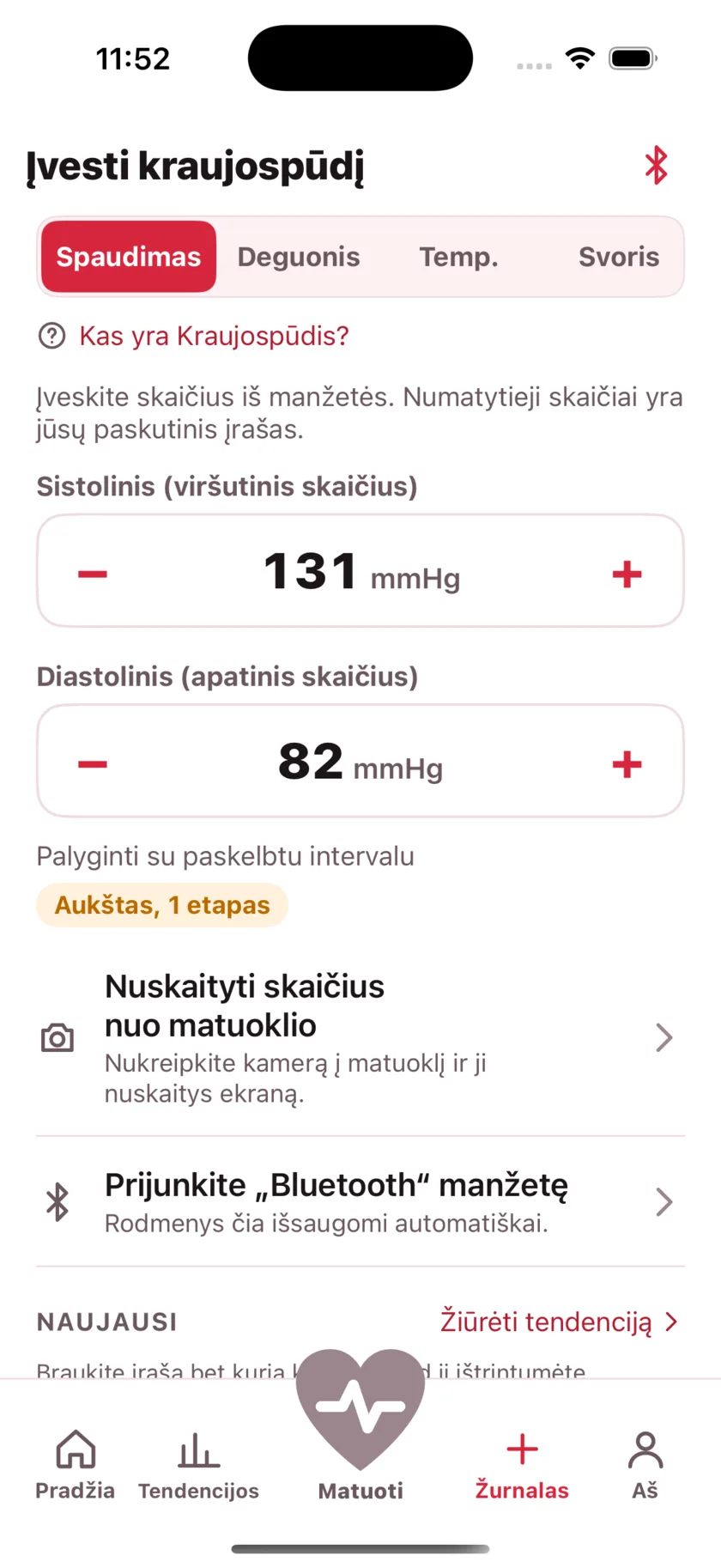 The log screen for entering blood pressure, blood oxygen, temperature and weight by hand.