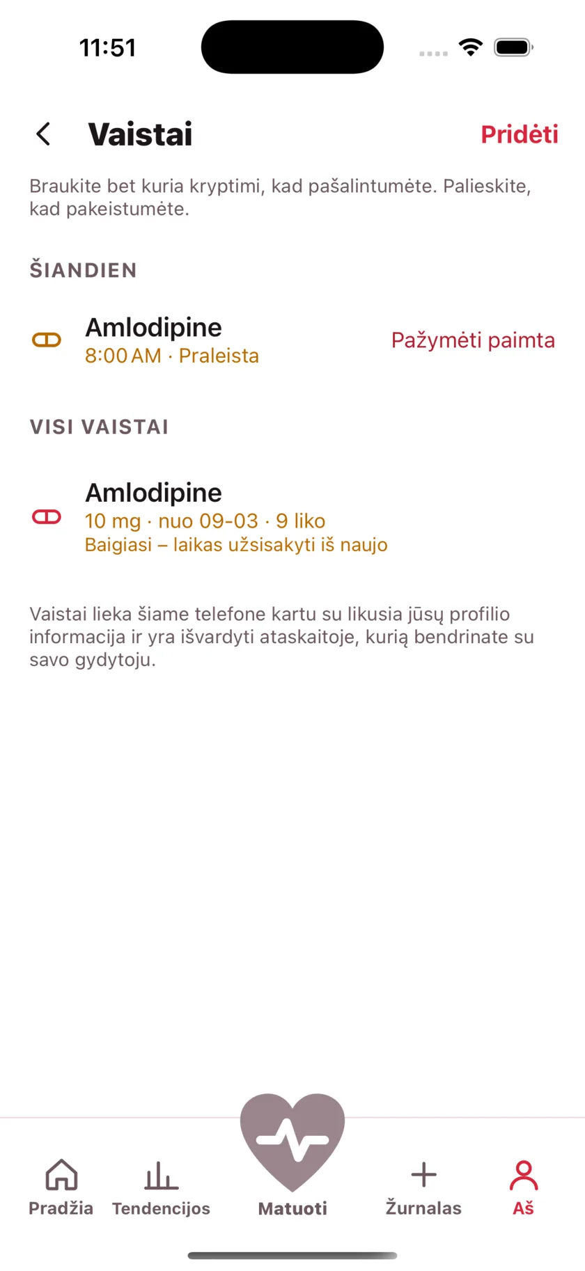 The medications screen showing today's dose due and a warning that the packet is running low.