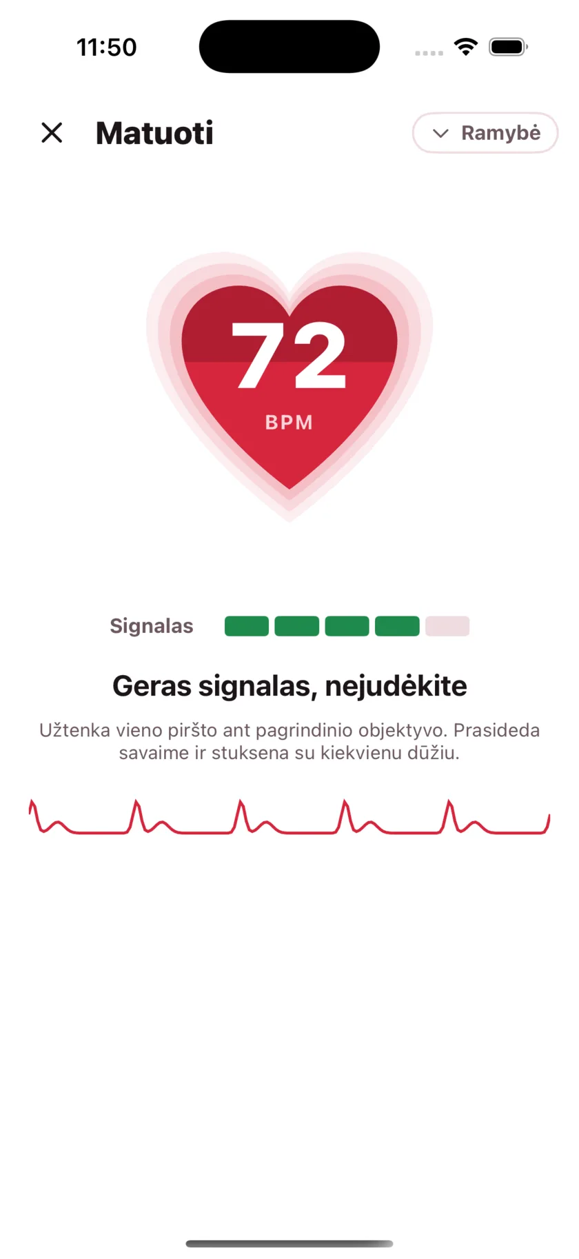 Taking a reading in HeartGlance: a large red heart filling from the bottom with 68 BPM inside it, a signal strength meter, and a live pulse trace.