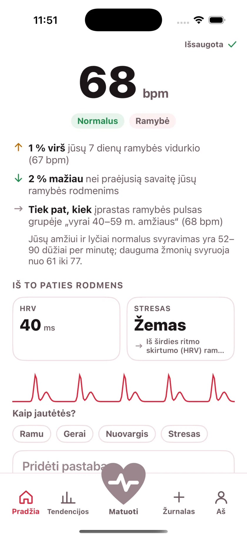 The result screen after a reading, showing the heart rate, its status, and the variability recorded from the same capture.