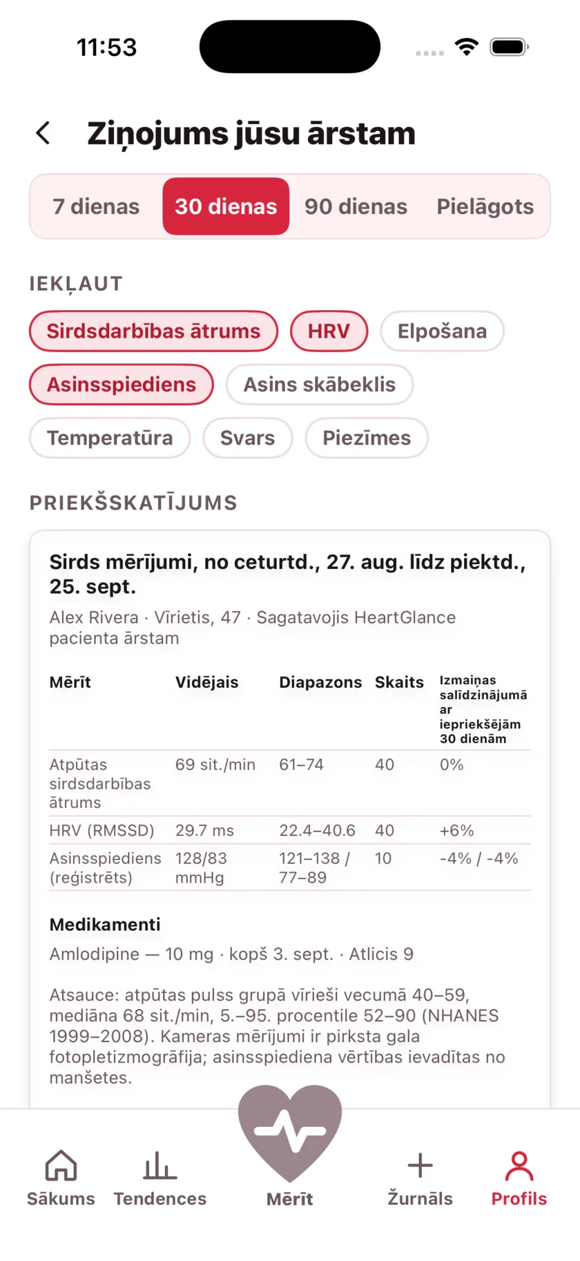 The report for your doctor: a printable page of averages, ranges and daily readings.