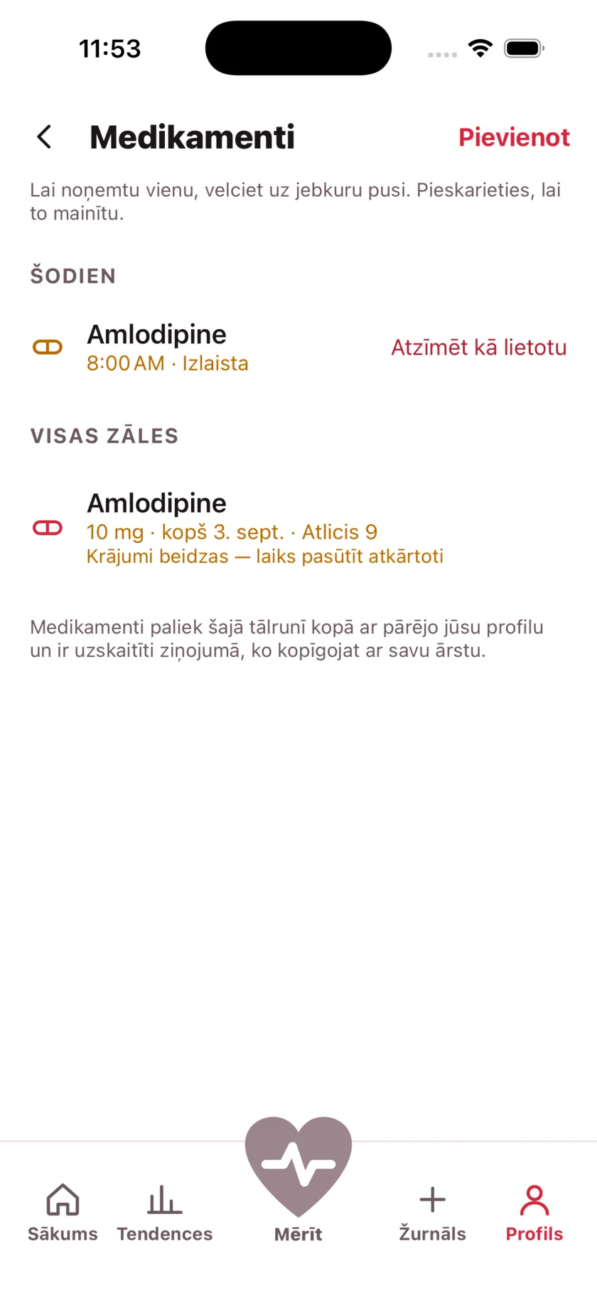 The medications screen showing today's dose due and a warning that the packet is running low.
