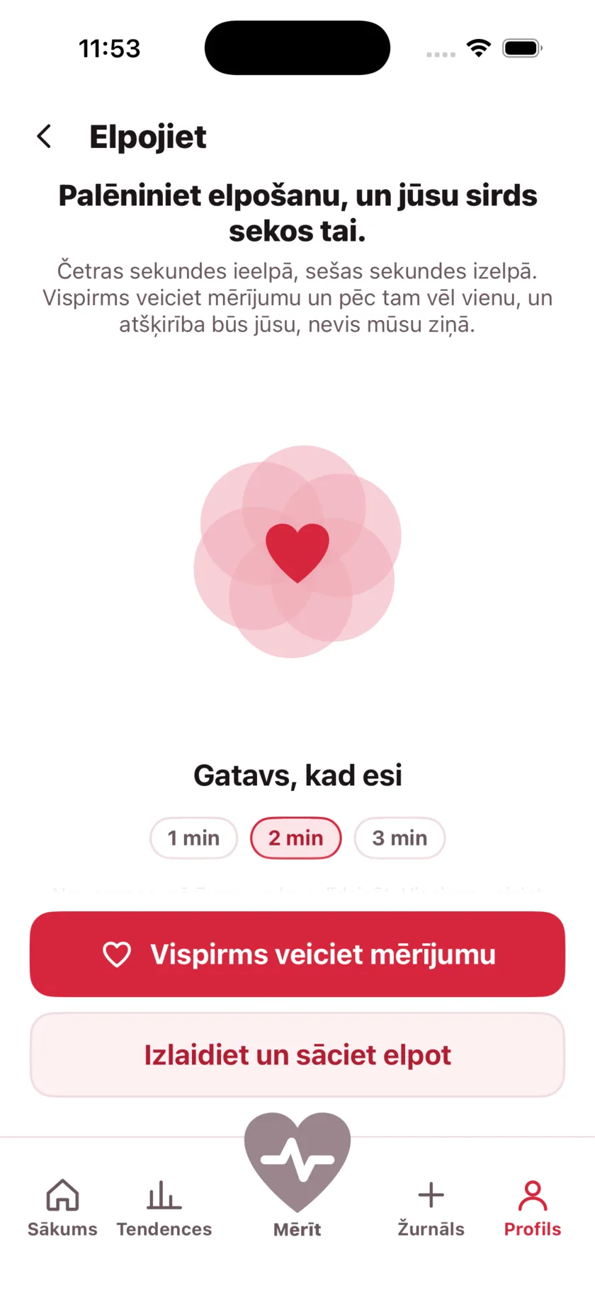 The Breathe screen: a large heart expanding and contracting, the words Breathe in, and a one, two or three minute choice.