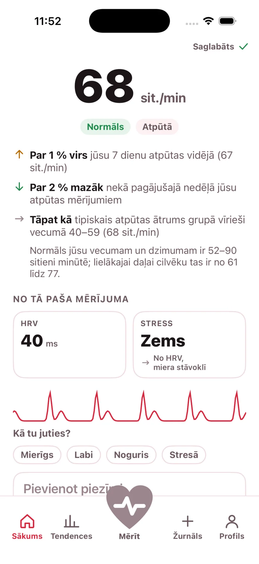 The result screen after a reading, showing the heart rate, its status, and the variability recorded from the same capture.
