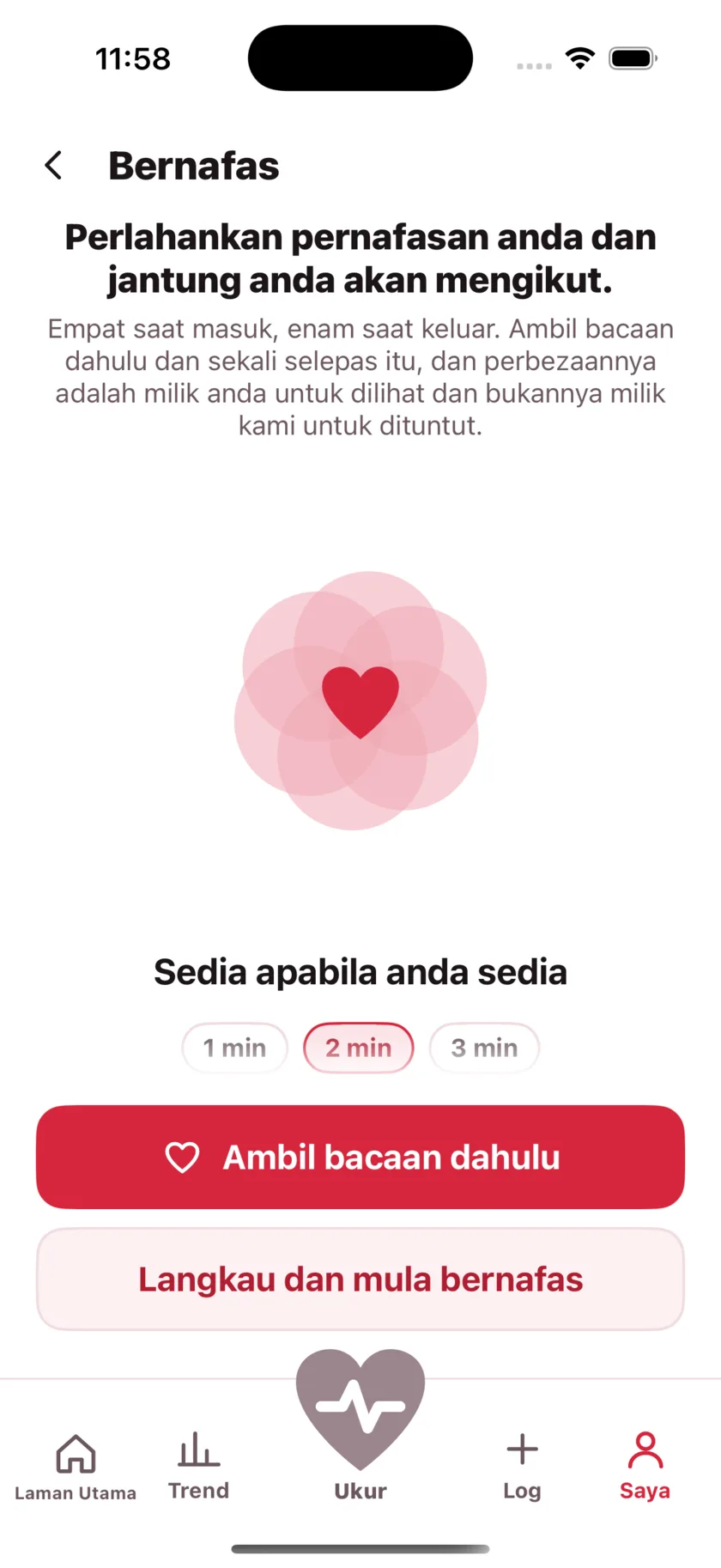 The Breathe screen: a large heart expanding and contracting, the words Breathe in, and a one, two or three minute choice.