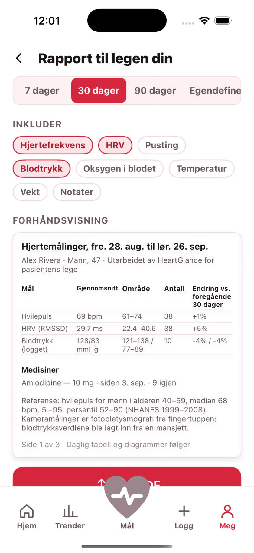 The report for your doctor: a printable page of averages, ranges and daily readings.