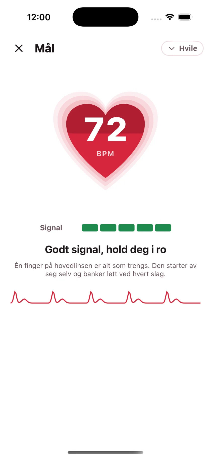 Taking a reading in HeartGlance: a large red heart filling from the bottom with 68 BPM inside it, a signal strength meter, and a live pulse trace.