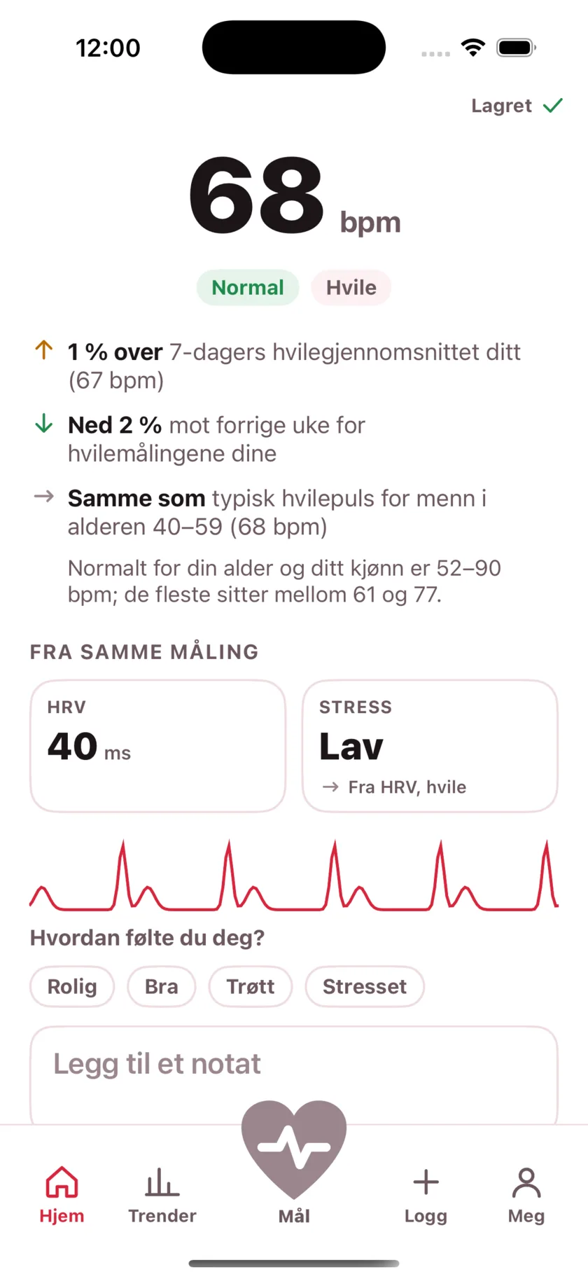 The result screen after a reading, showing the heart rate, its status, and the variability recorded from the same capture.