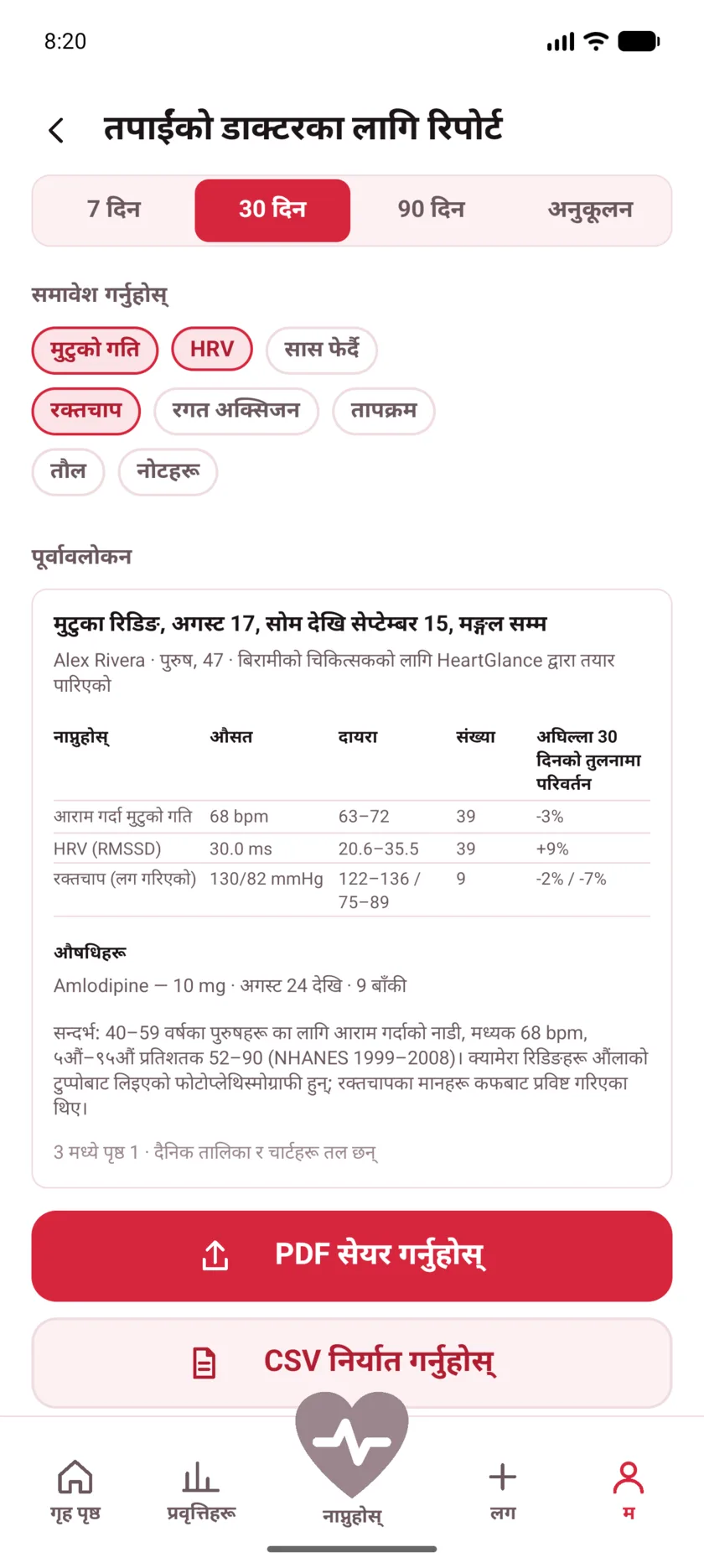 The doctor's report in HeartGlance, showing resting heart rate, variability and blood pressure with averages, ranges and change.
