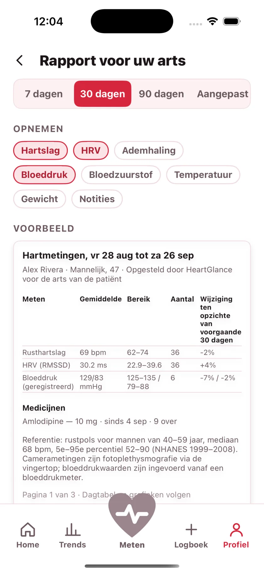 The report for your doctor: a printable page of averages, ranges and daily readings.