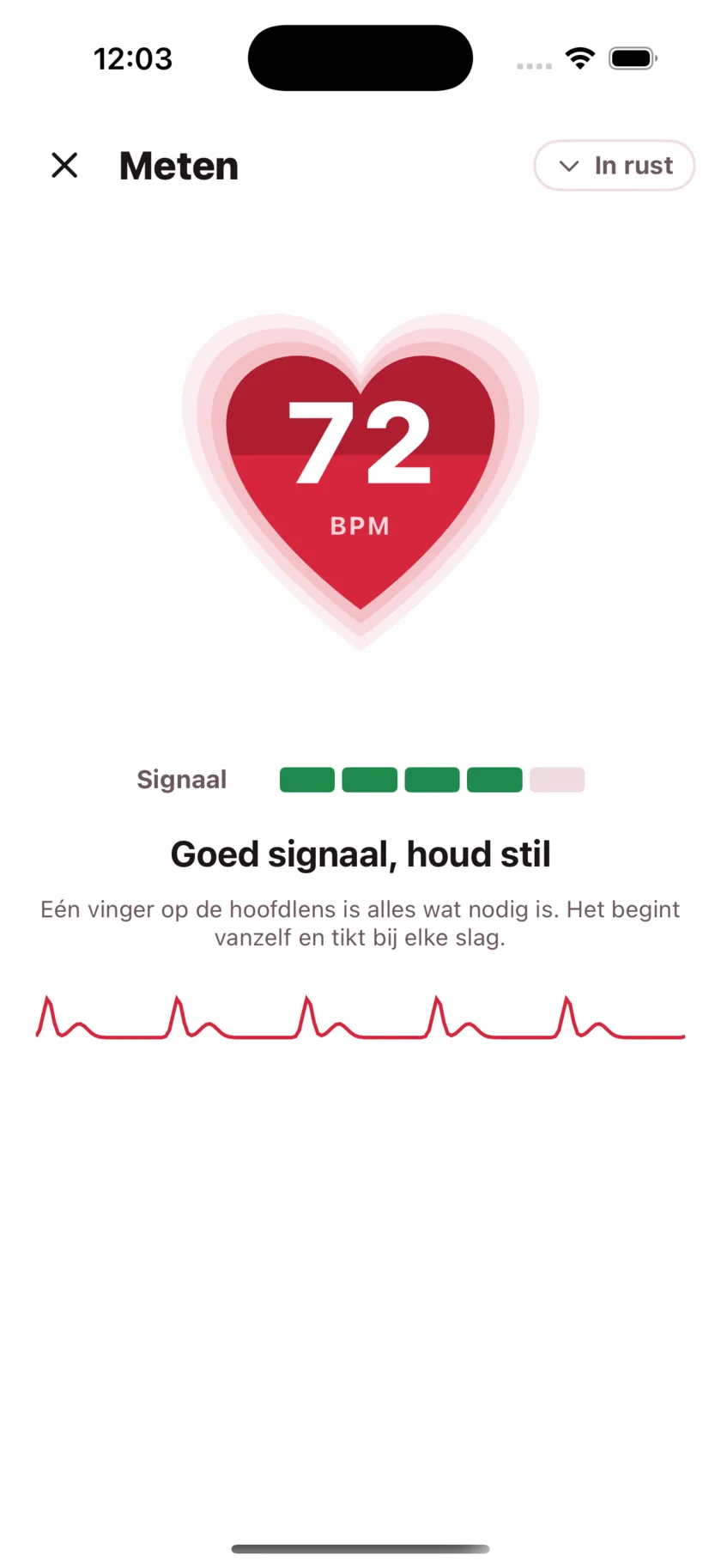Taking a reading in HeartGlance: a large red heart filling from the bottom with 68 BPM inside it, a signal strength meter, and a live pulse trace.