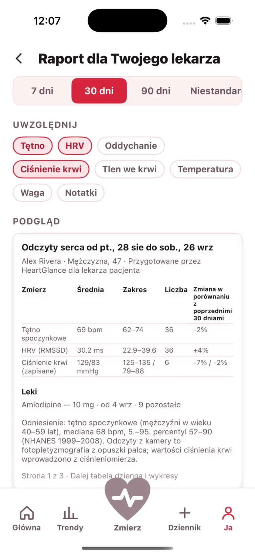 The report for your doctor: a printable page of averages, ranges and daily readings.