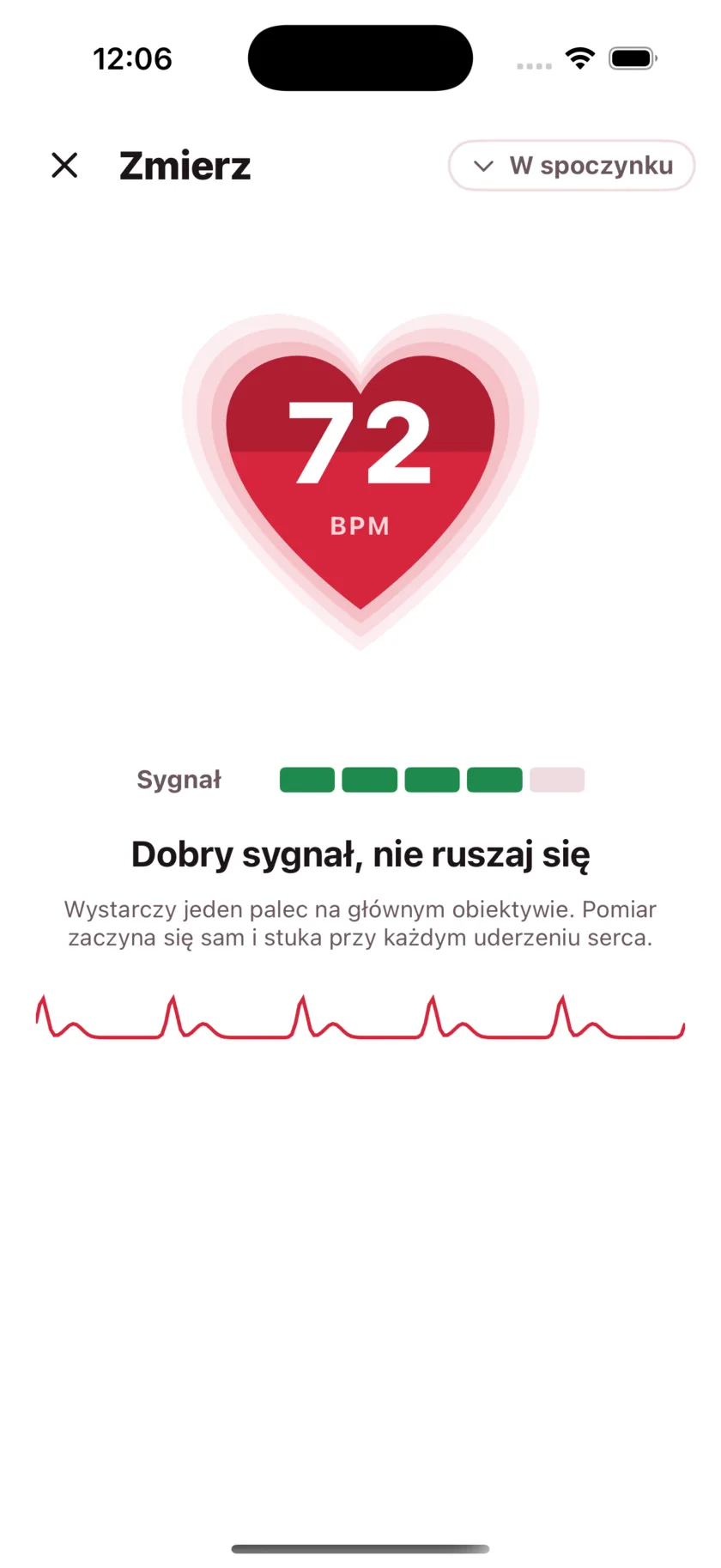 Taking a reading in HeartGlance: a large red heart filling from the bottom with 68 BPM inside it, a signal strength meter, and a live pulse trace.