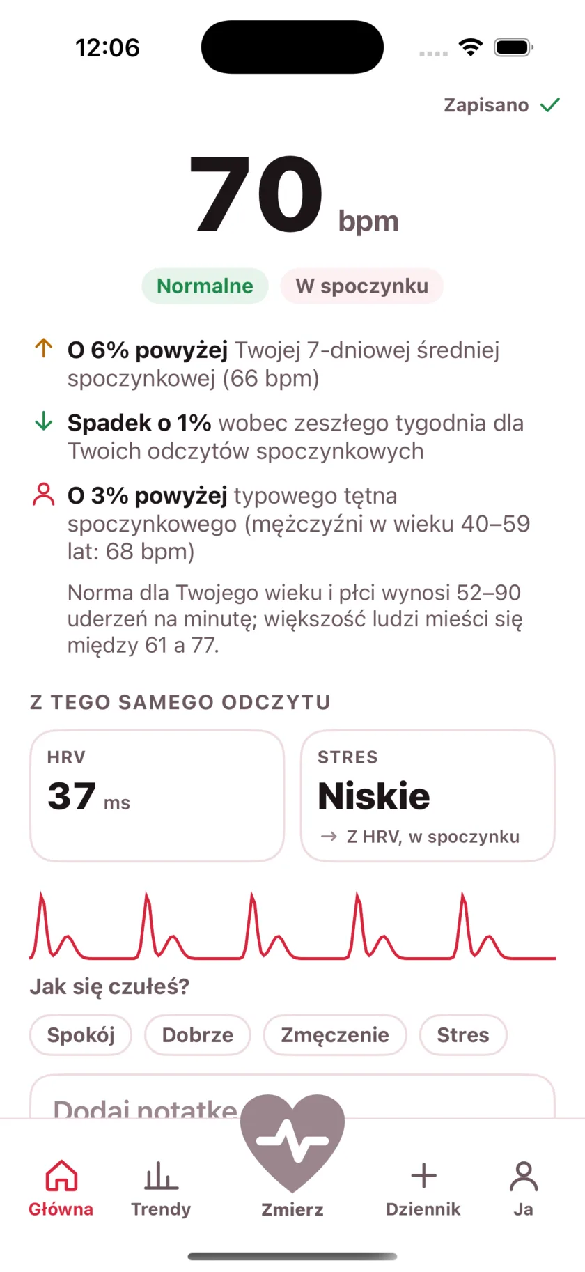 The result screen after a reading, showing the heart rate, its status, and the variability recorded from the same capture.