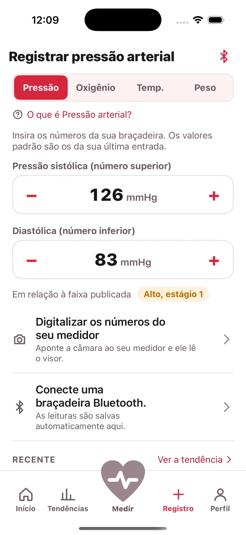 The log screen for entering blood pressure, blood oxygen, temperature and weight by hand.