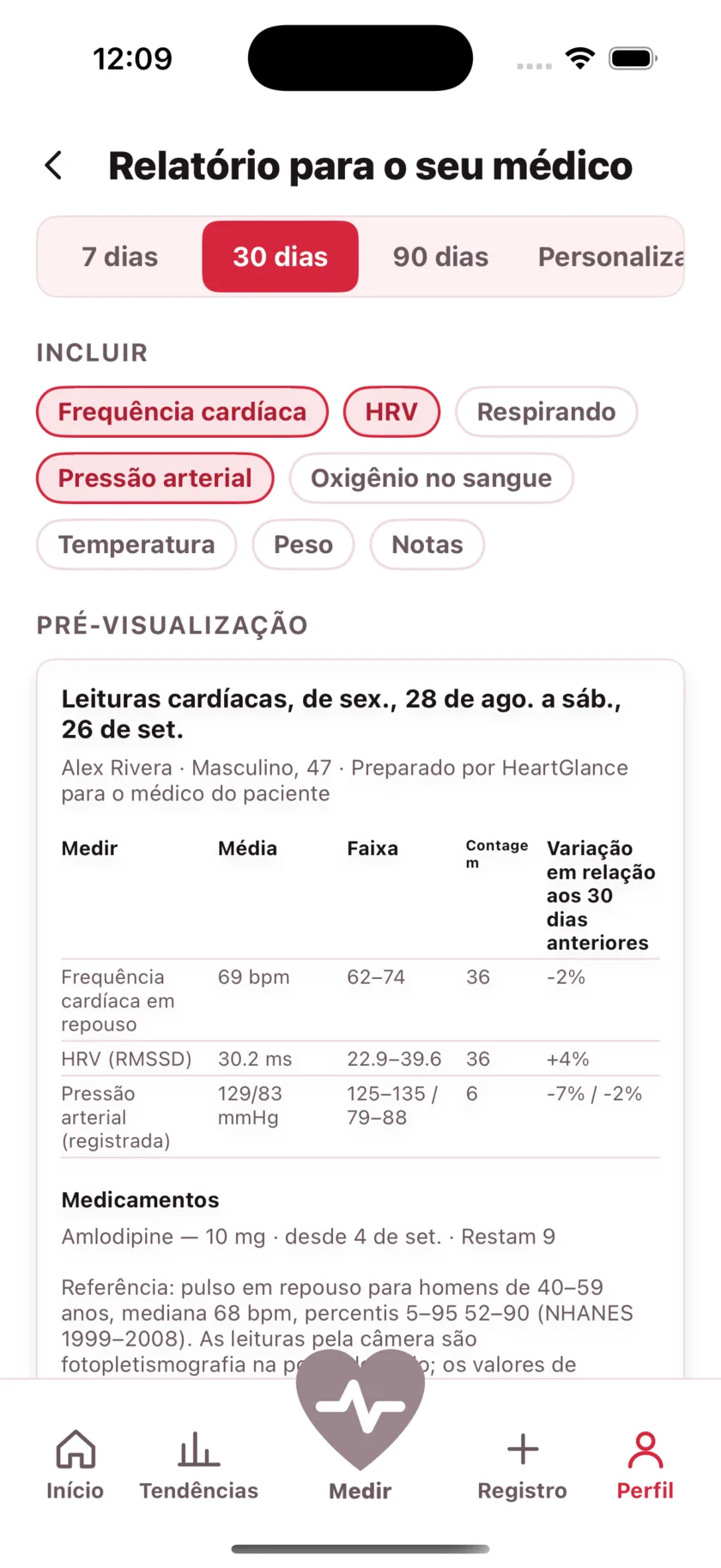 The report for your doctor: a printable page of averages, ranges and daily readings.