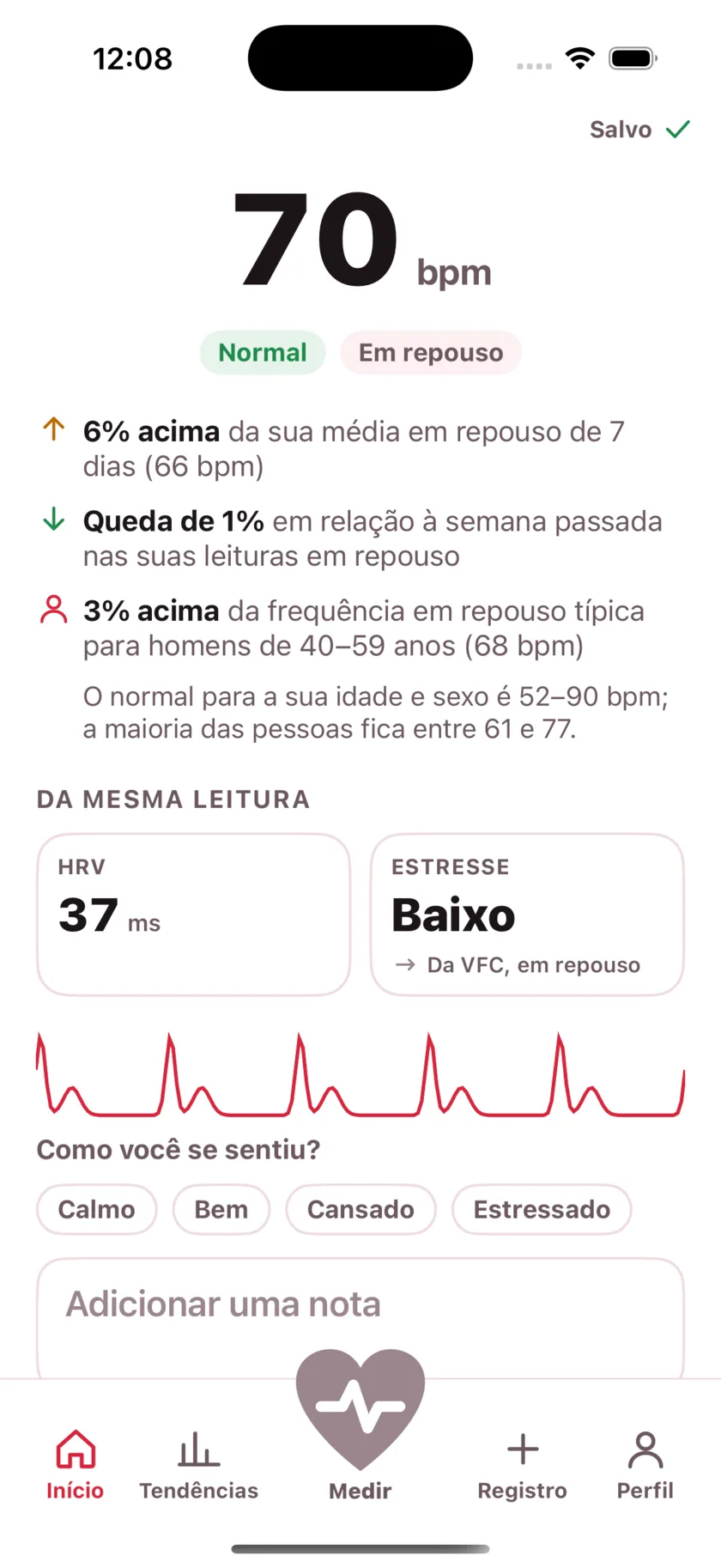 The result screen after a reading, showing the heart rate, its status, and the variability recorded from the same capture.