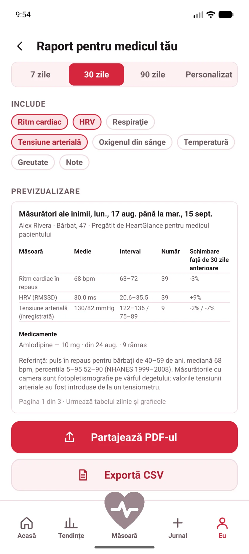 The doctor's report in HeartGlance, showing resting heart rate, variability and blood pressure with averages, ranges and change.