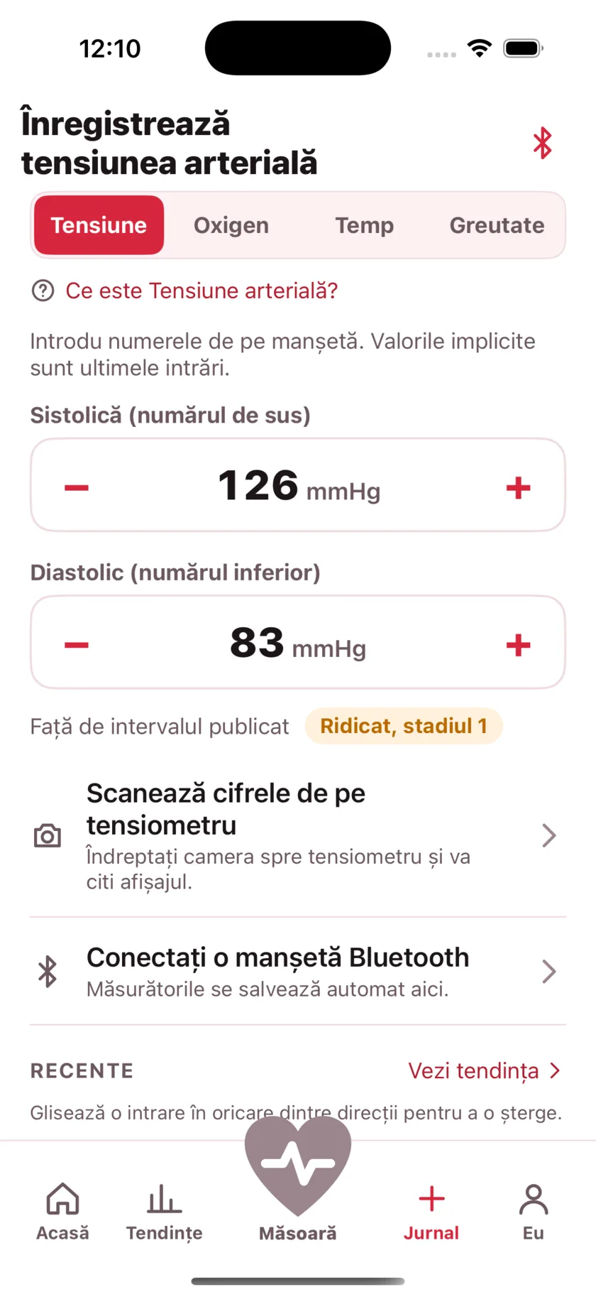 The log screen for entering blood pressure, blood oxygen, temperature and weight by hand.