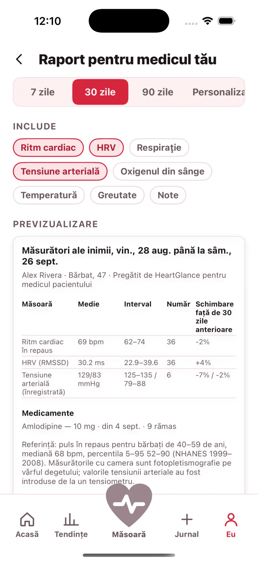 The report for your doctor: a printable page of averages, ranges and daily readings.