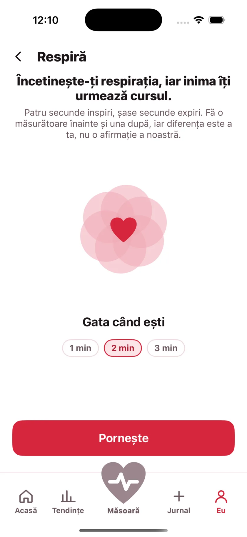 The Breathe screen: a large heart expanding and contracting, the words Breathe in, and a one, two or three minute choice.