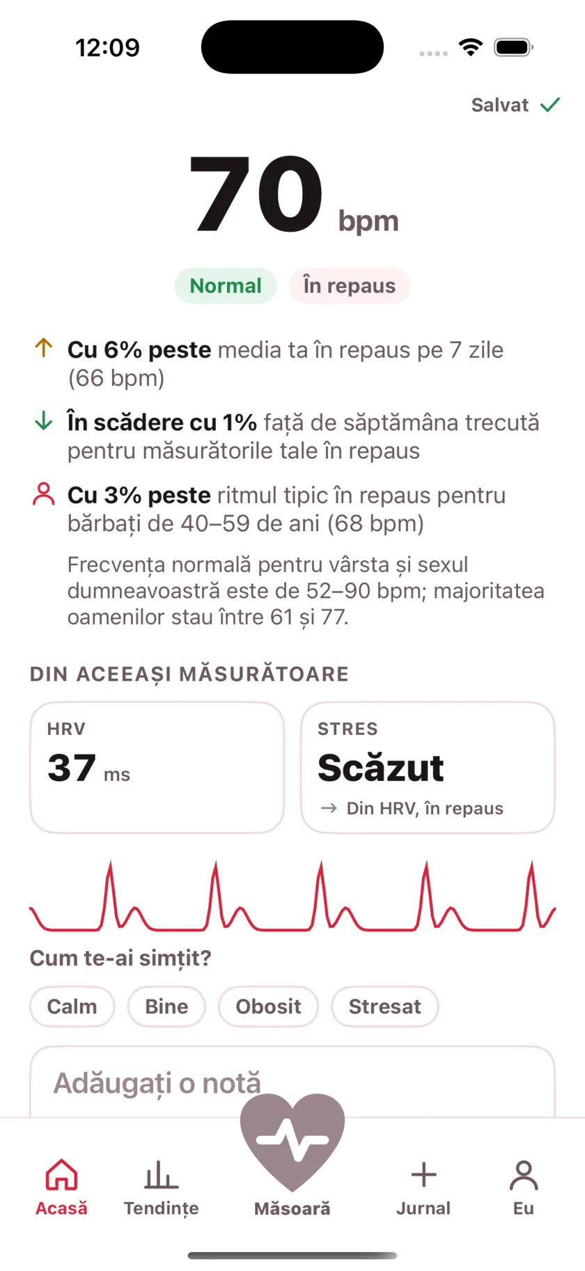 The result screen after a reading, showing the heart rate, its status, and the variability recorded from the same capture.