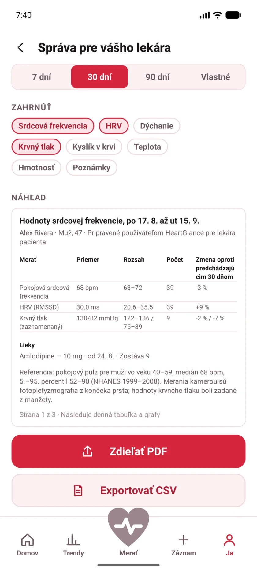 The doctor's report in HeartGlance, showing resting heart rate, variability and blood pressure with averages, ranges and change.