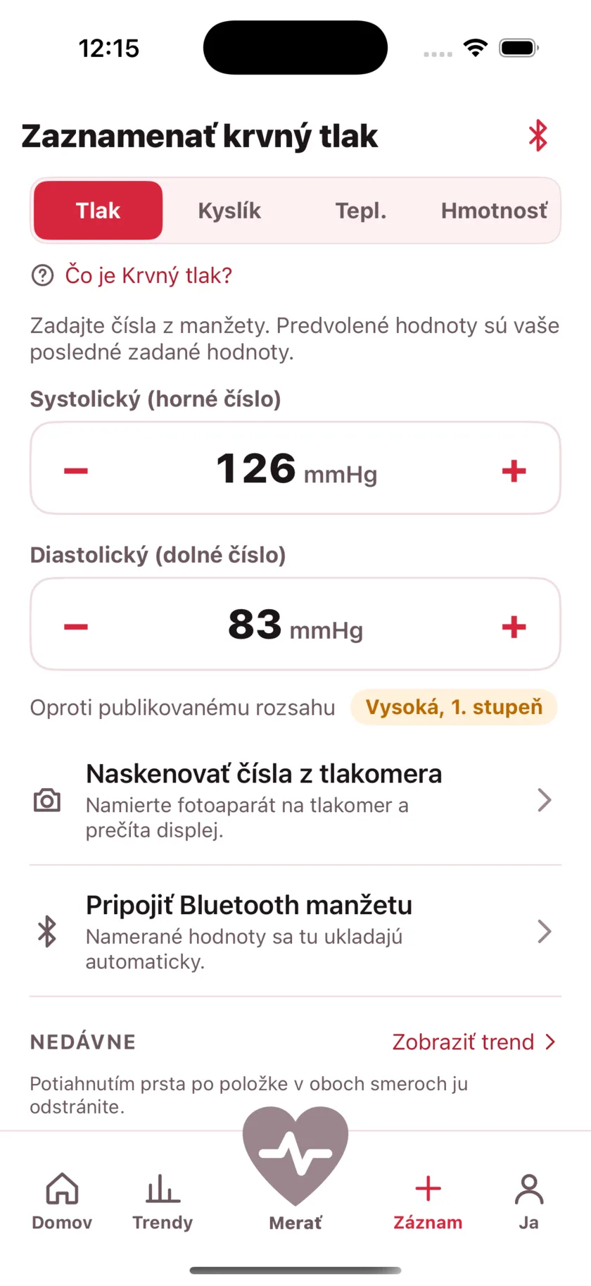 The log screen for entering blood pressure, blood oxygen, temperature and weight by hand.