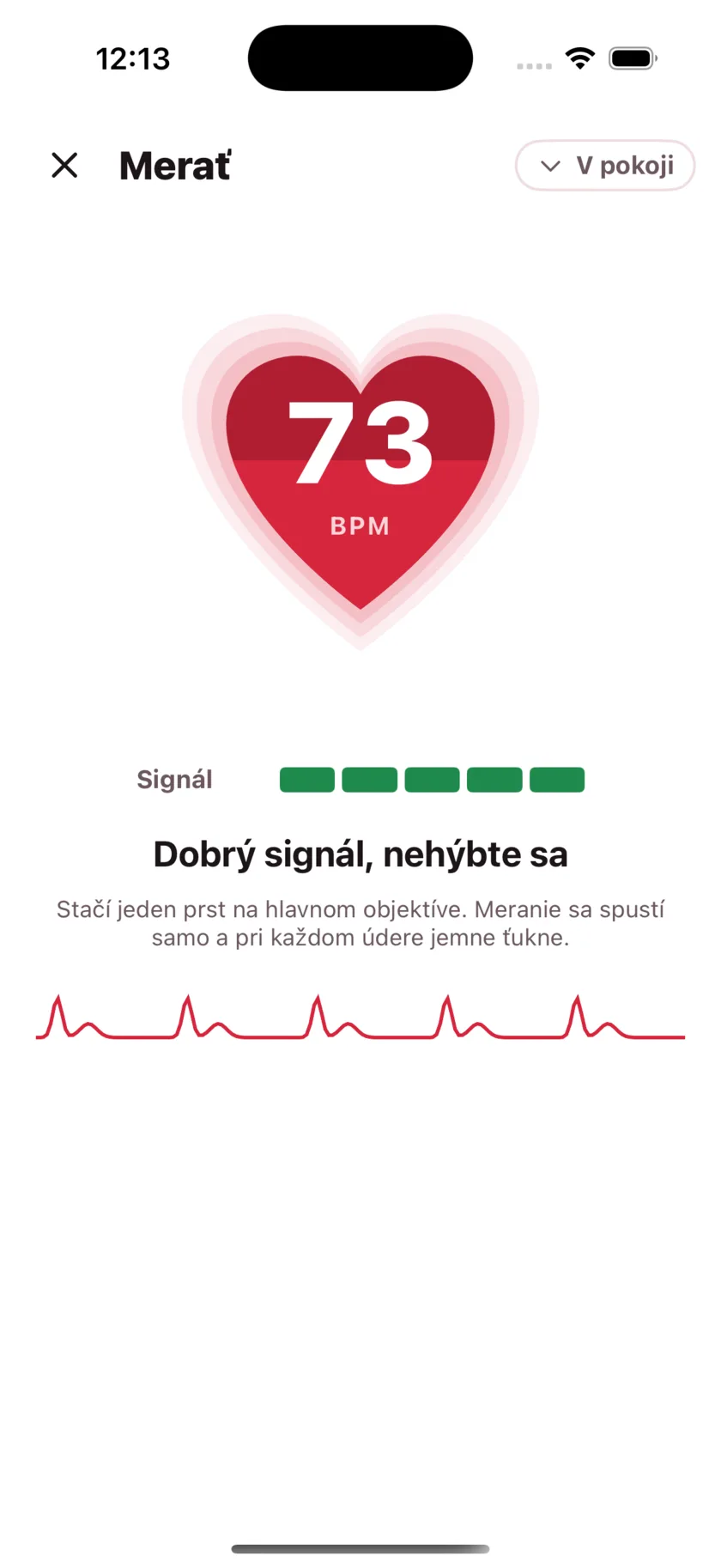 Taking a reading in HeartGlance: a large red heart filling from the bottom with 68 BPM inside it, a signal strength meter, and a live pulse trace.