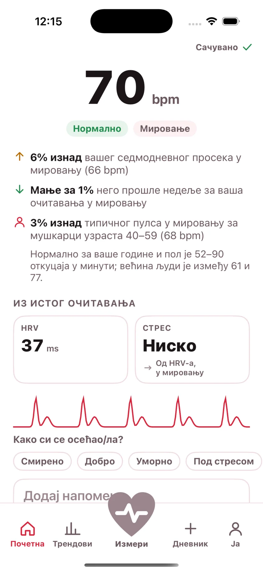 The result screen after a reading, showing the heart rate, its status, and the variability recorded from the same capture.