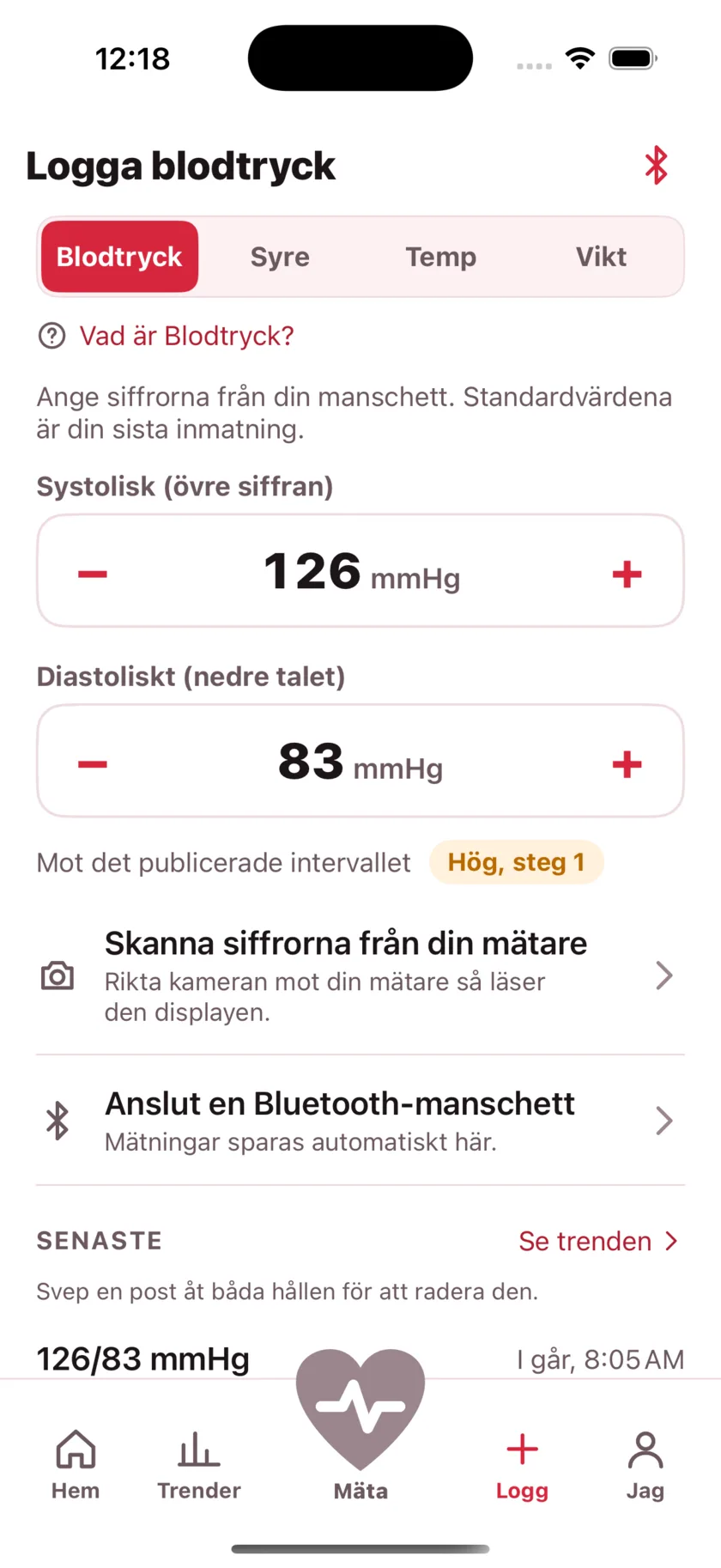 The log screen for entering blood pressure, blood oxygen, temperature and weight by hand.