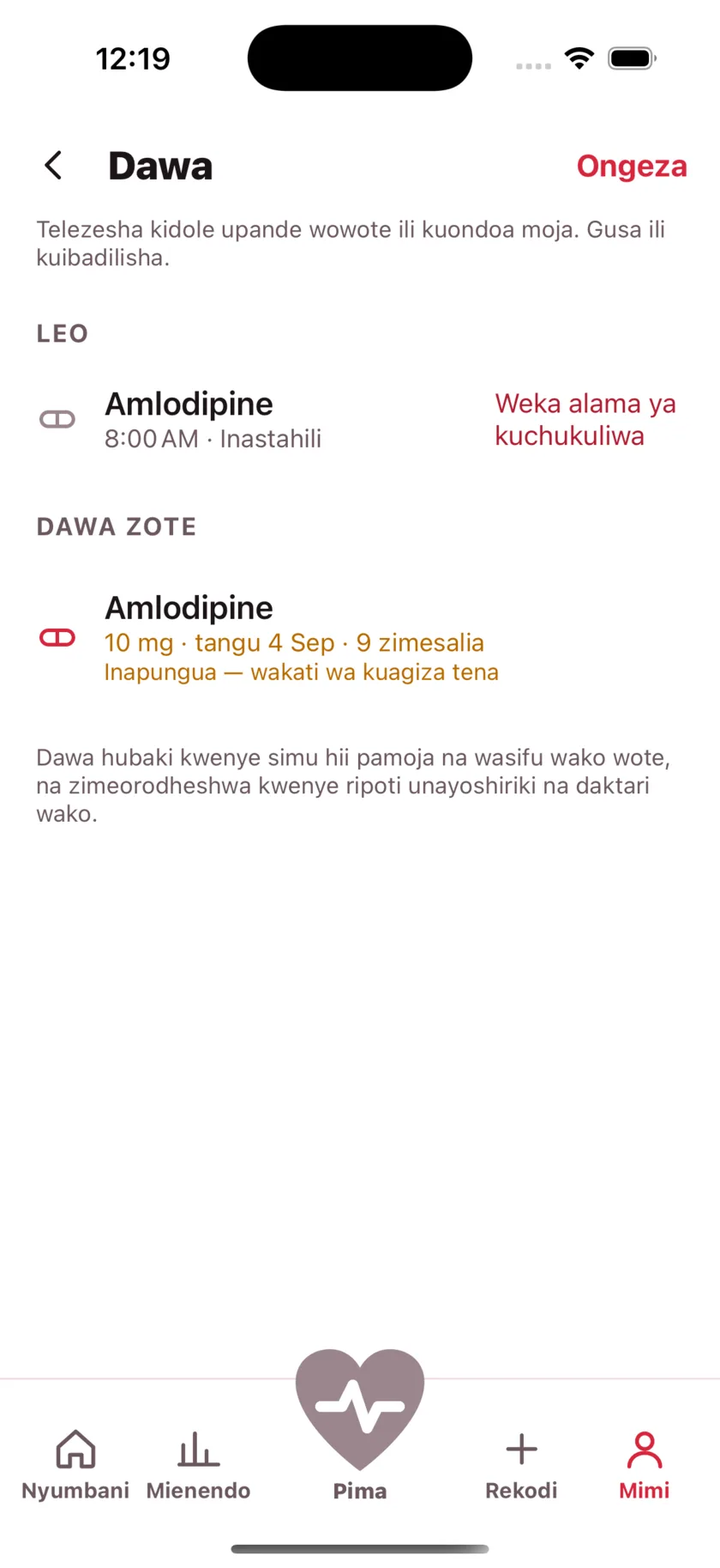 The medications screen showing today's dose due and a warning that the packet is running low.