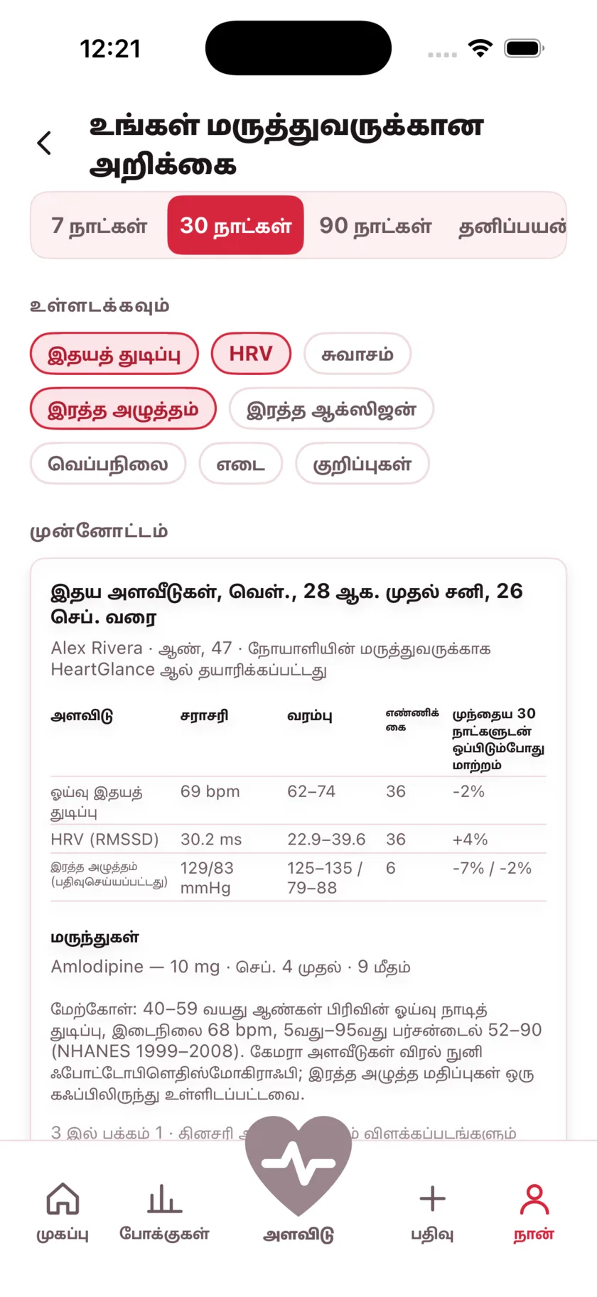 The report for your doctor: a printable page of averages, ranges and daily readings.