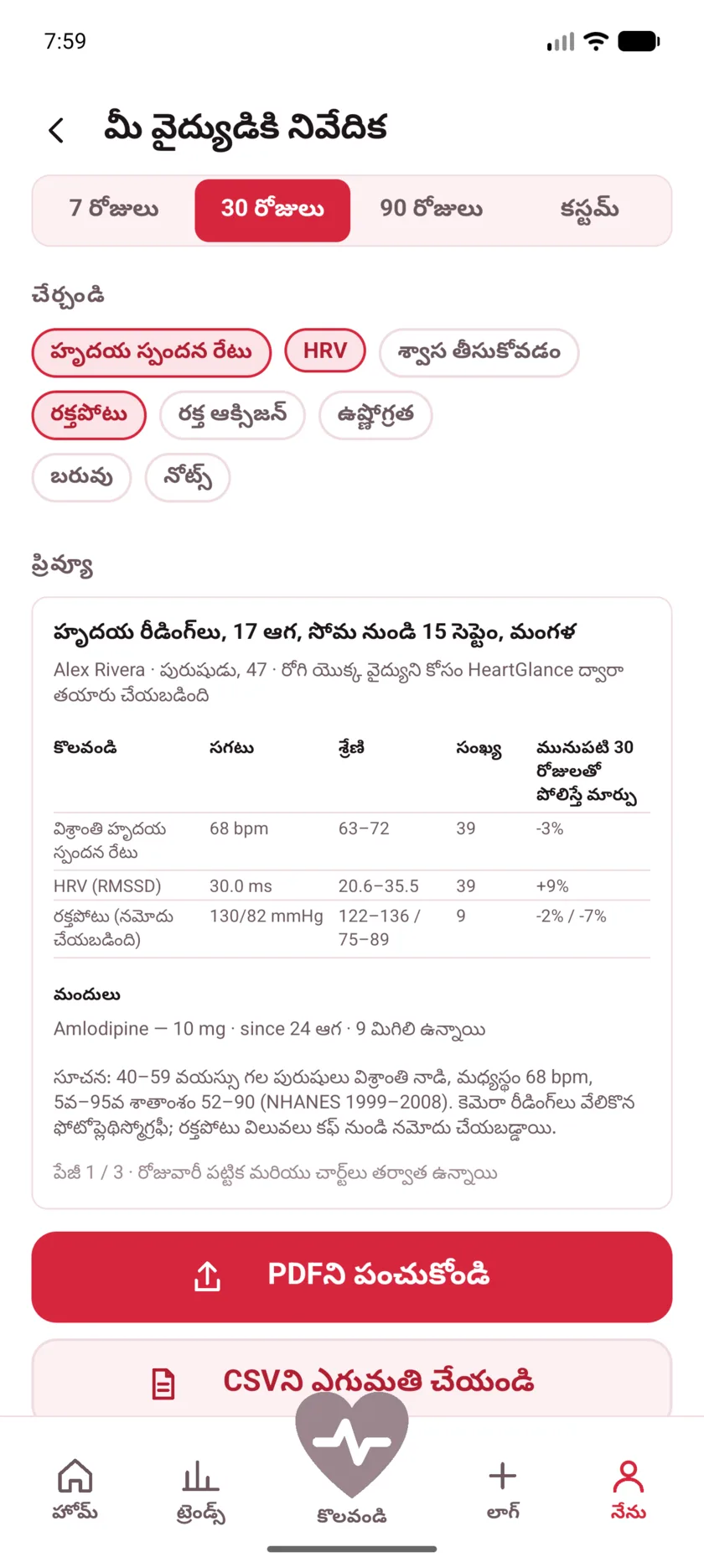 The doctor's report in HeartGlance, showing resting heart rate, variability and blood pressure with averages, ranges and change.