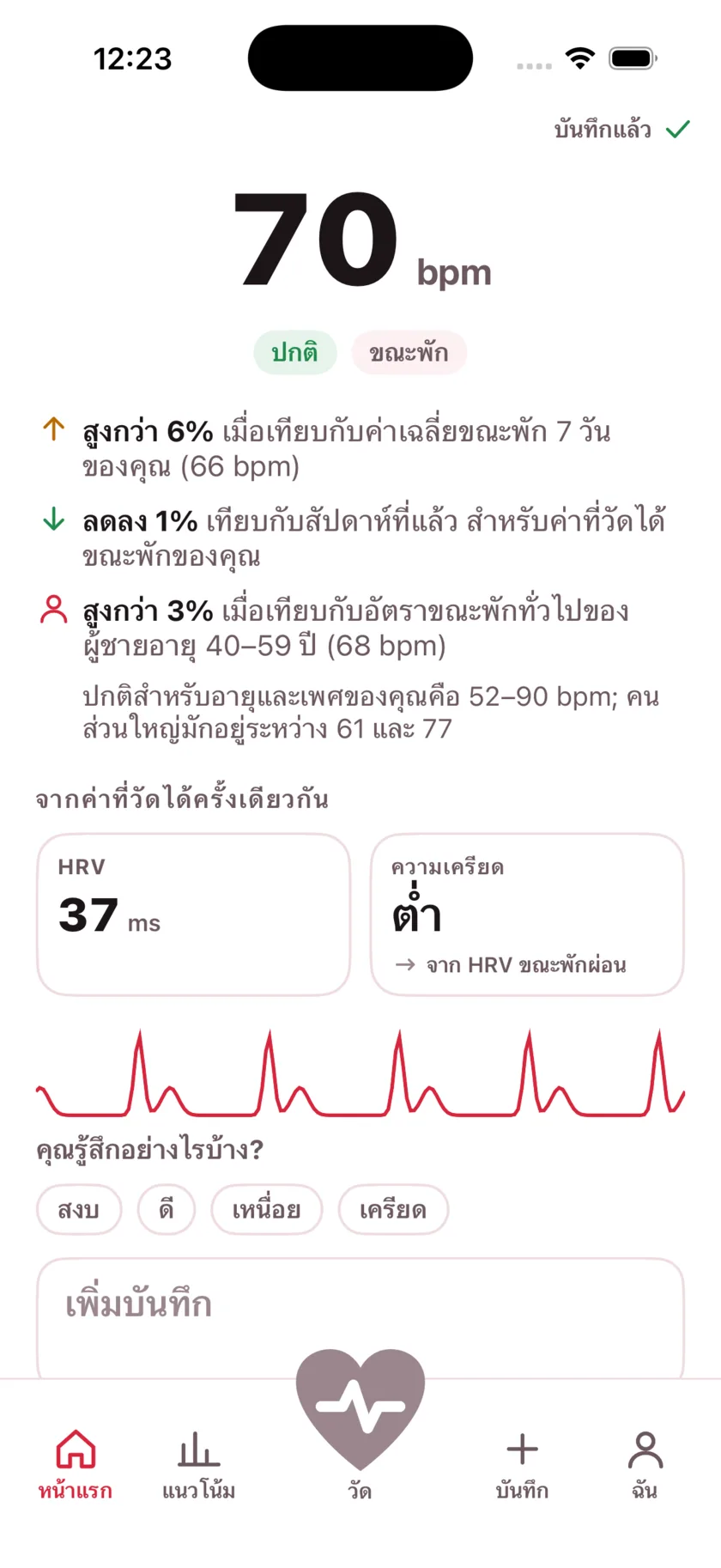 The result screen after a reading, showing the heart rate, its status, and the variability recorded from the same capture.