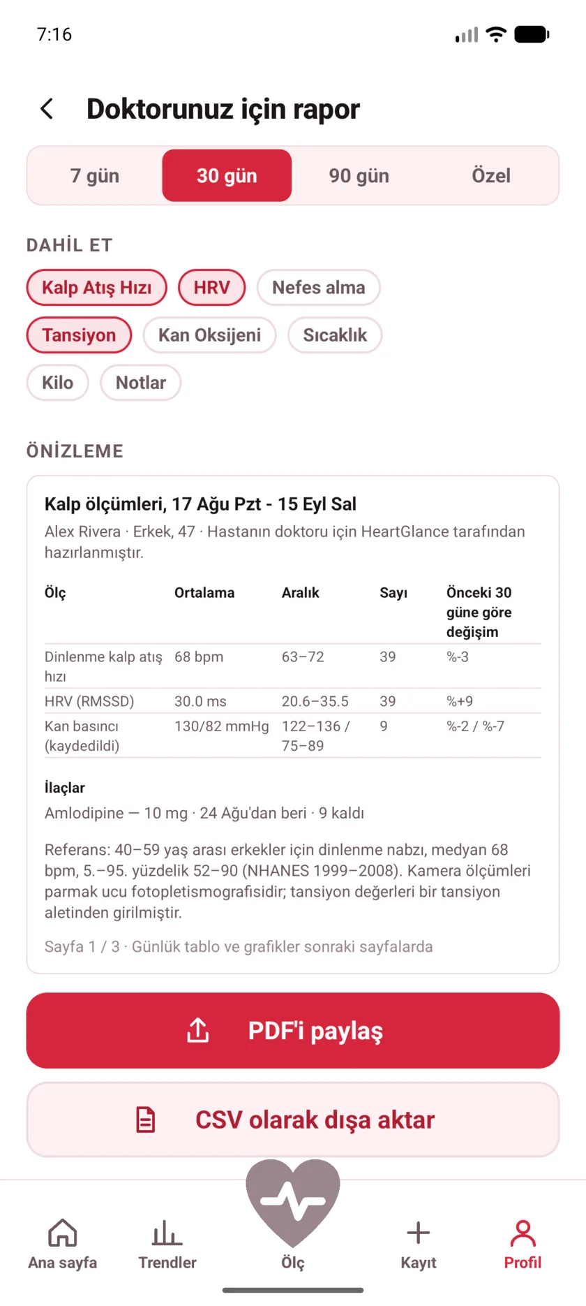 The doctor's report in HeartGlance, showing resting heart rate, variability and blood pressure with averages, ranges and change.