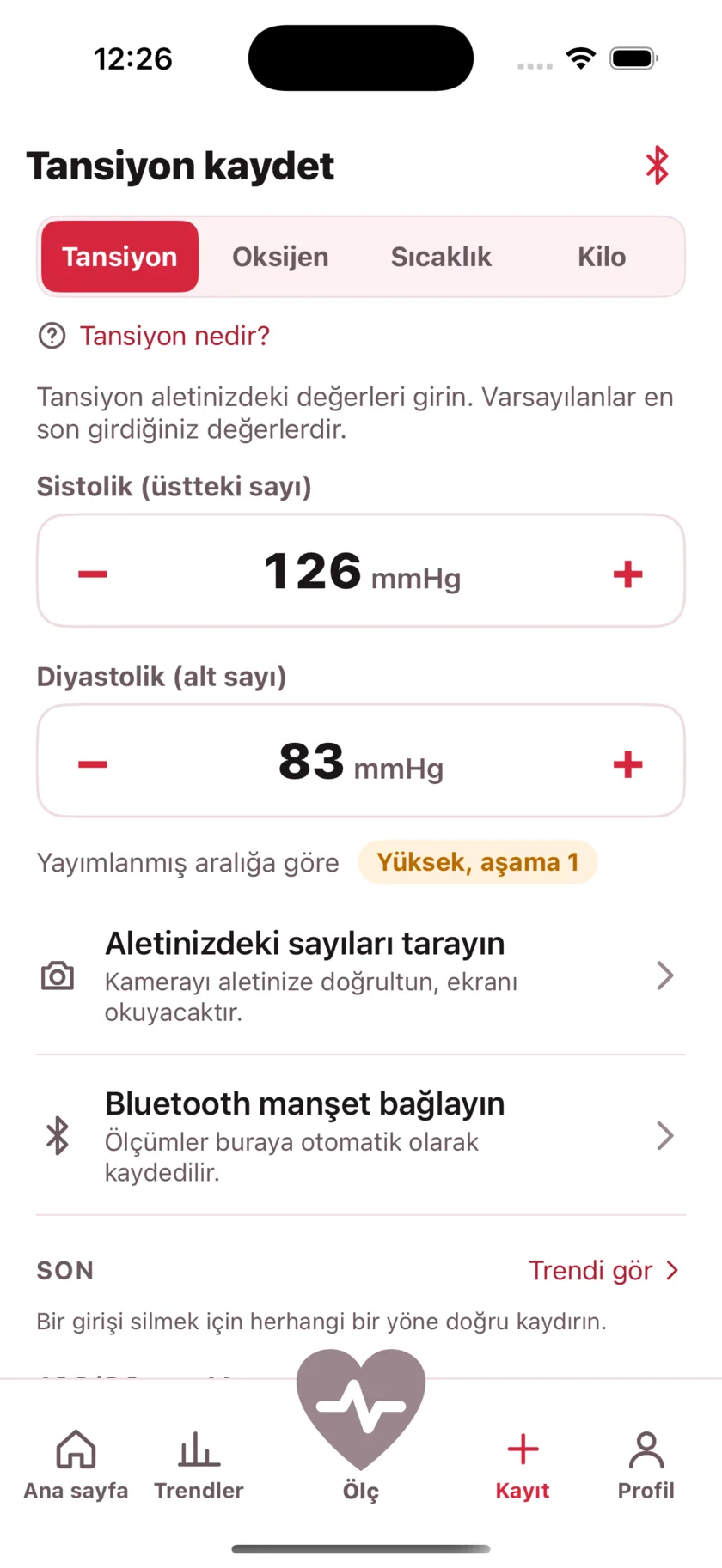 The log screen for entering blood pressure, blood oxygen, temperature and weight by hand.