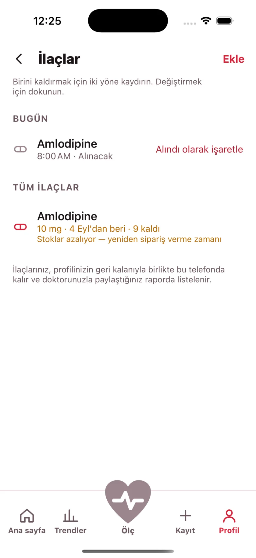 The medications screen showing today's dose due and a warning that the packet is running low.