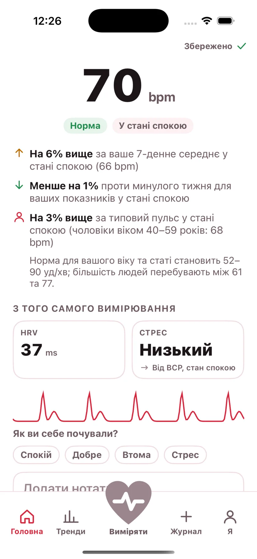 The result screen after a reading, showing the heart rate, its status, and the variability recorded from the same capture.
