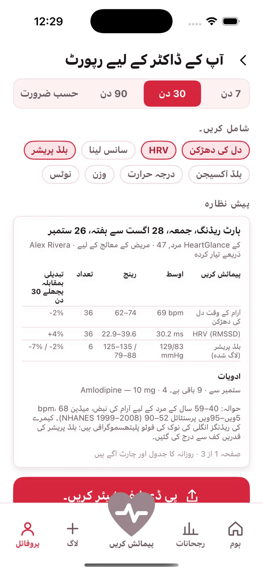 The report for your doctor: a printable page of averages, ranges and daily readings.