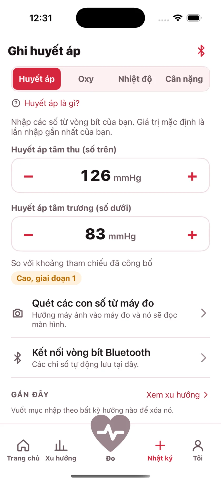 The log screen for entering blood pressure, blood oxygen, temperature and weight by hand.