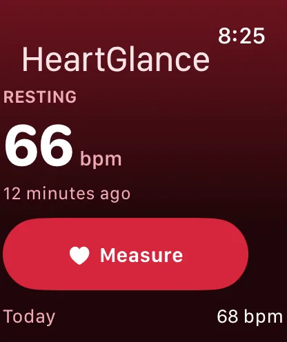 The HeartGlance watch app showing the last resting reading and a Measure button.