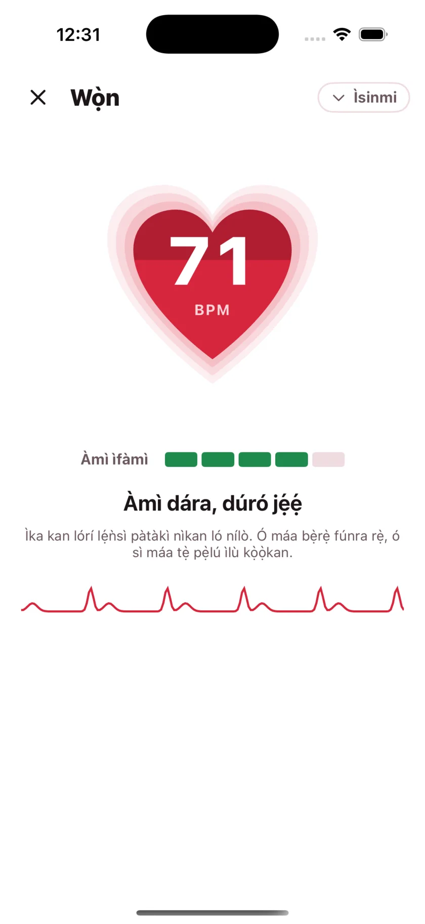 Taking a reading in HeartGlance: a large red heart filling from the bottom with 68 BPM inside it, a signal strength meter, and a live pulse trace.
