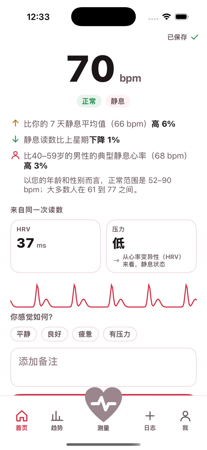 The result screen after a reading, showing the heart rate, its status, and the variability recorded from the same capture.
