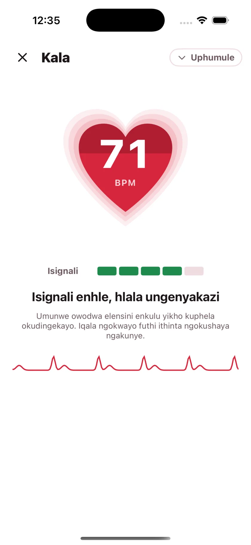 Taking a reading in HeartGlance: a large red heart filling from the bottom with 68 BPM inside it, a signal strength meter, and a live pulse trace.
